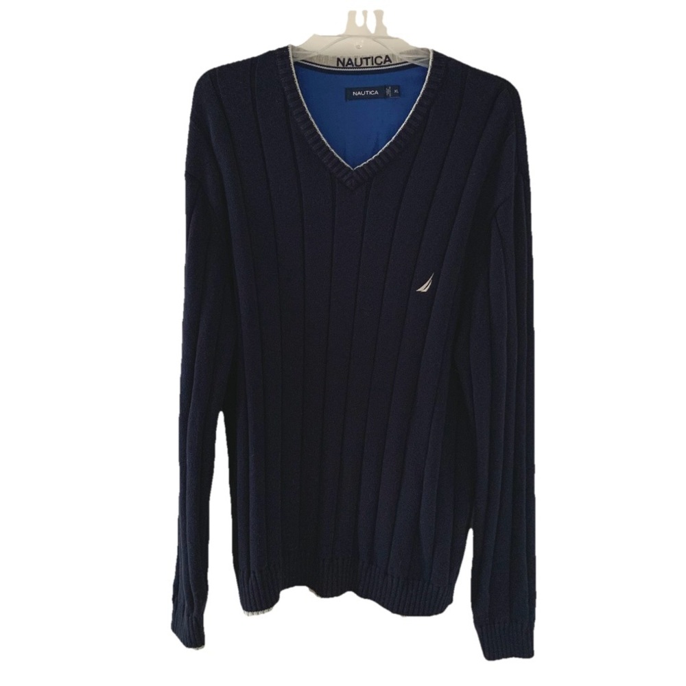 Nautica Men’s Dark Blue V-neck Ribbed Pullover Sweater Sz XL